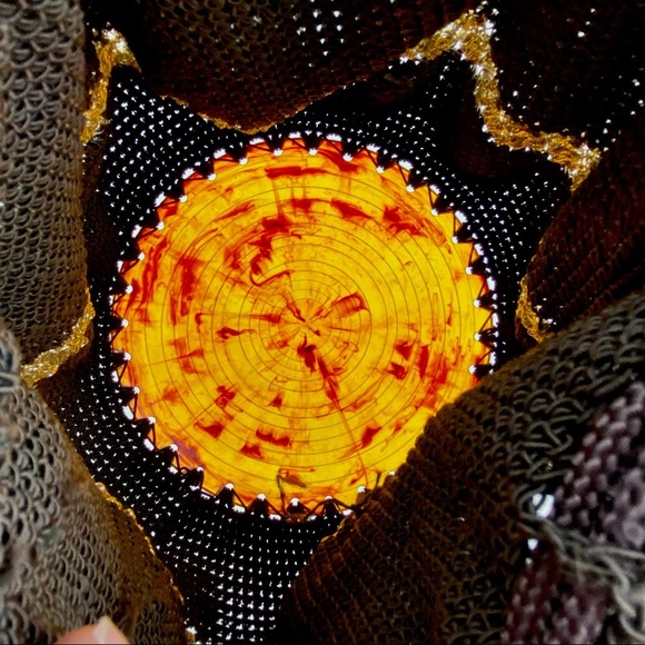 VINTAGE Crochet Drawstring Tote Clutch Evening Bag Purse Gold Boho Wristlet 60s - Picture 4 of 6